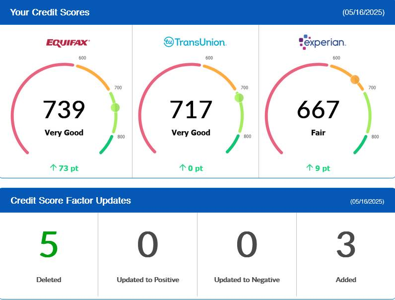 Client dashboard: 739, 717, 667 — up 73 and 9 points, 5 items deleted